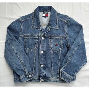 RARE VTG Y2K Tommy Hilfiger Mens Trucker Denim Jacket Button Logo Point Collar M
